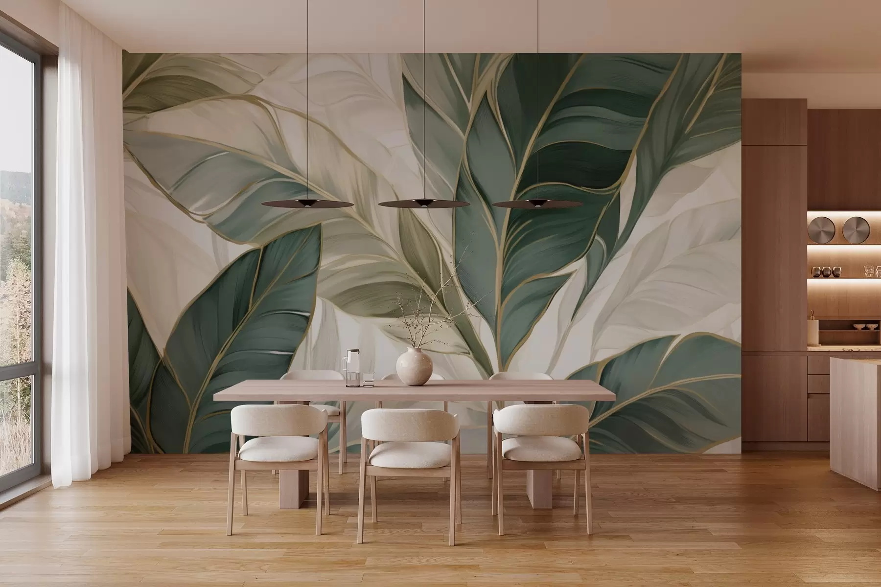 murales Hojas tropicales verdes sobre fondo gris y blanco w03124