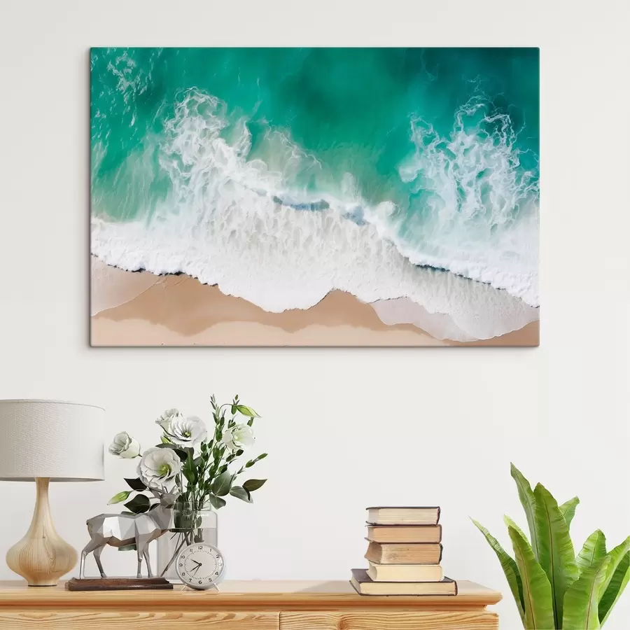 wall murals Aerial view of a seaside shore with turquoise waves gently rolling onto the sandy beach s42930