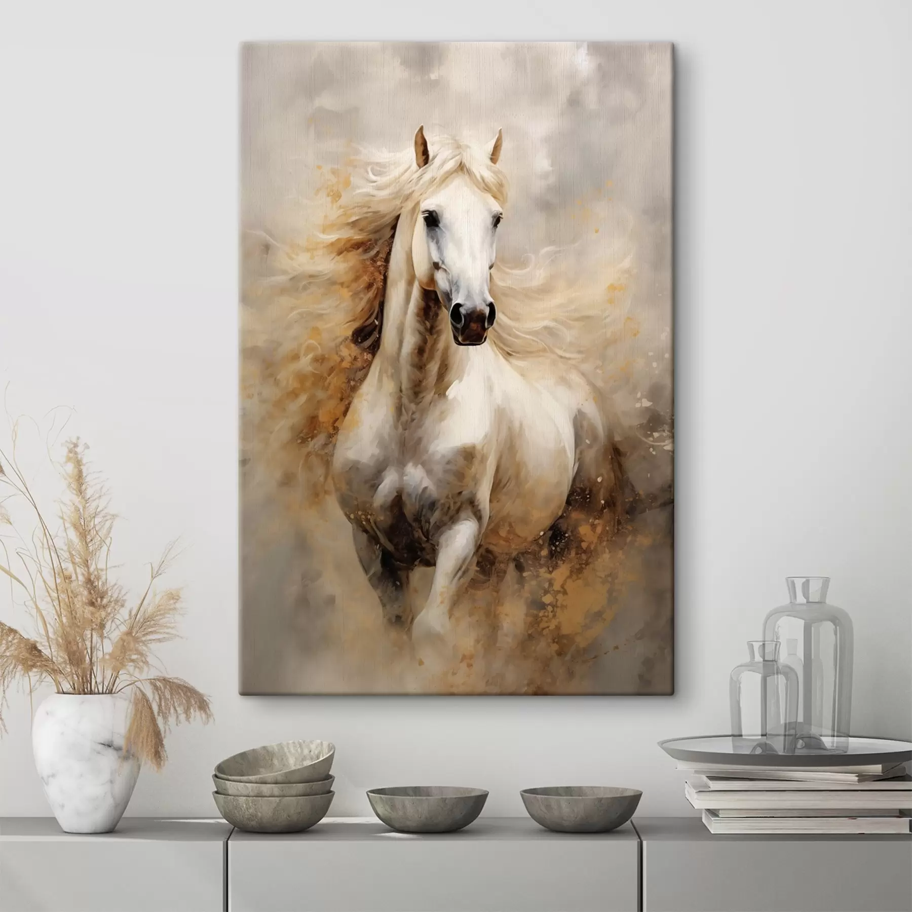 murales Pintoresco retrato de un caballo blanco en movimiento s42932