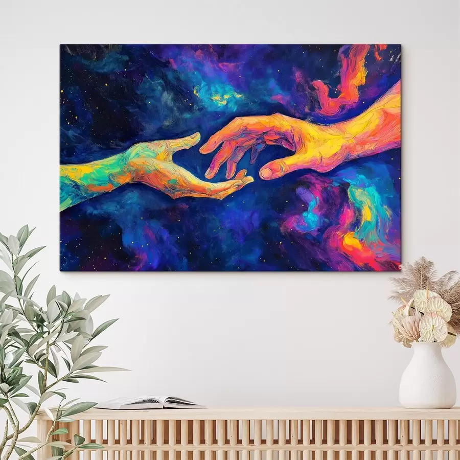 wall murals Abstract composition of two hands reaching for each other, in a vibrant color palette on a cosmic background s42937