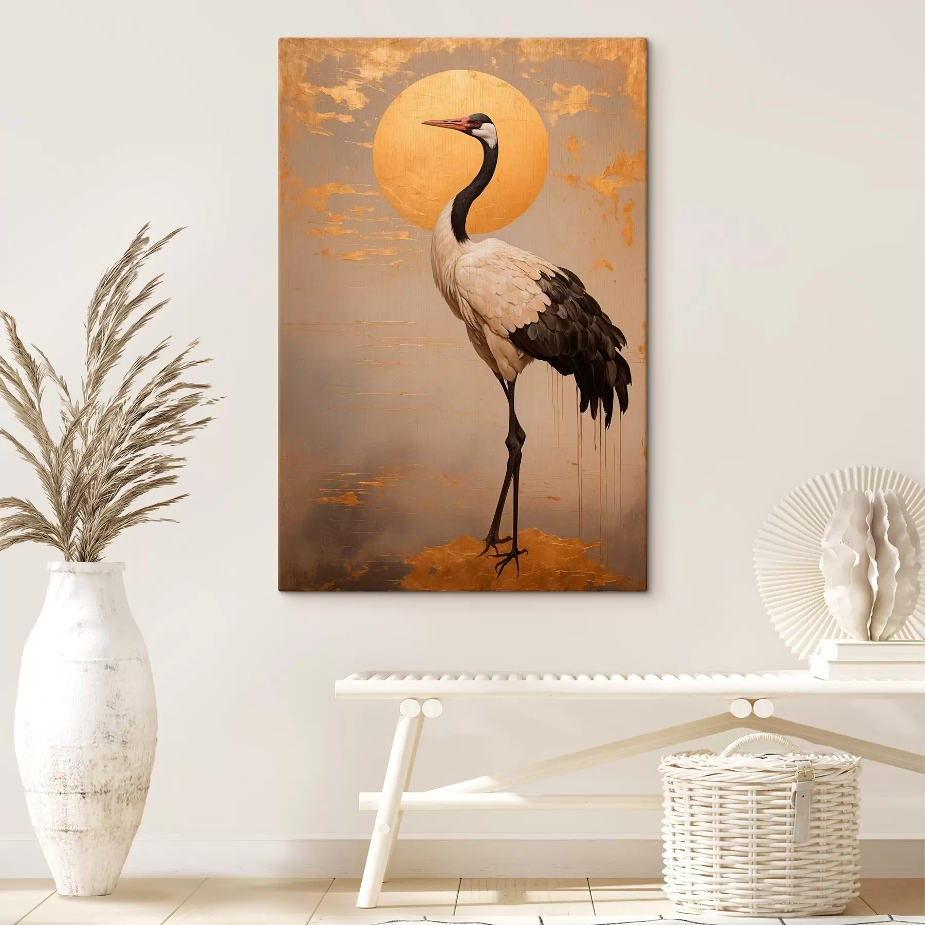 wall murals Crane on the background of golden sun in acrylic painting style s42773