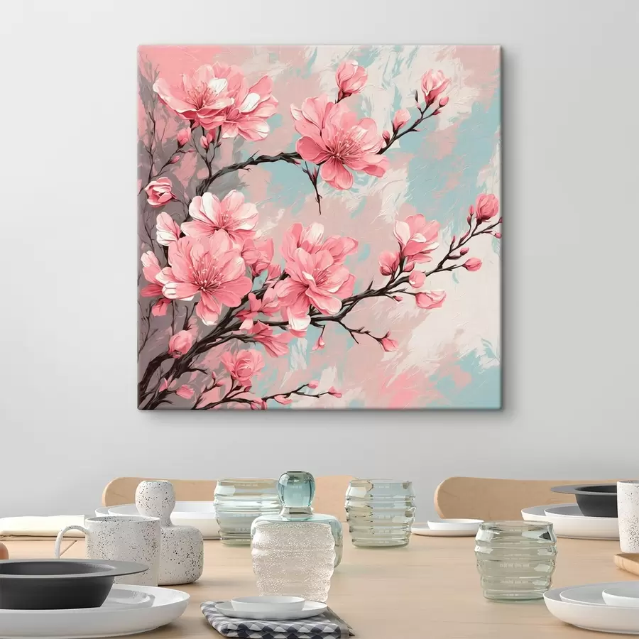 wall murals Pink flowers and stems in acrylic painting style s42918