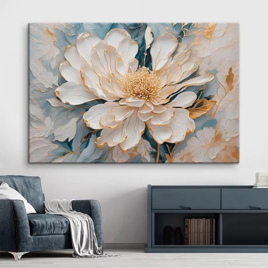 wall murals White flower with golden outlines on blue-white background s42923