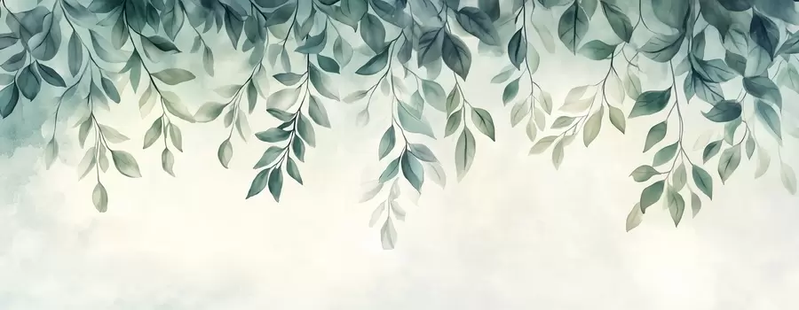 wall murals green watercolor-style leaves hanging from the top w03024