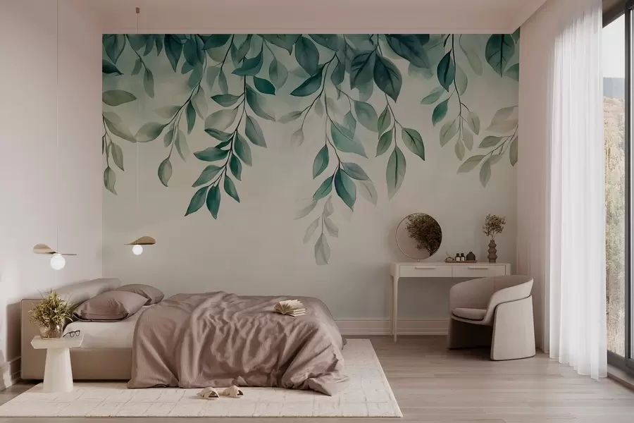 murales hojas verdes estilo acuarela colgando de la parte superior w03024