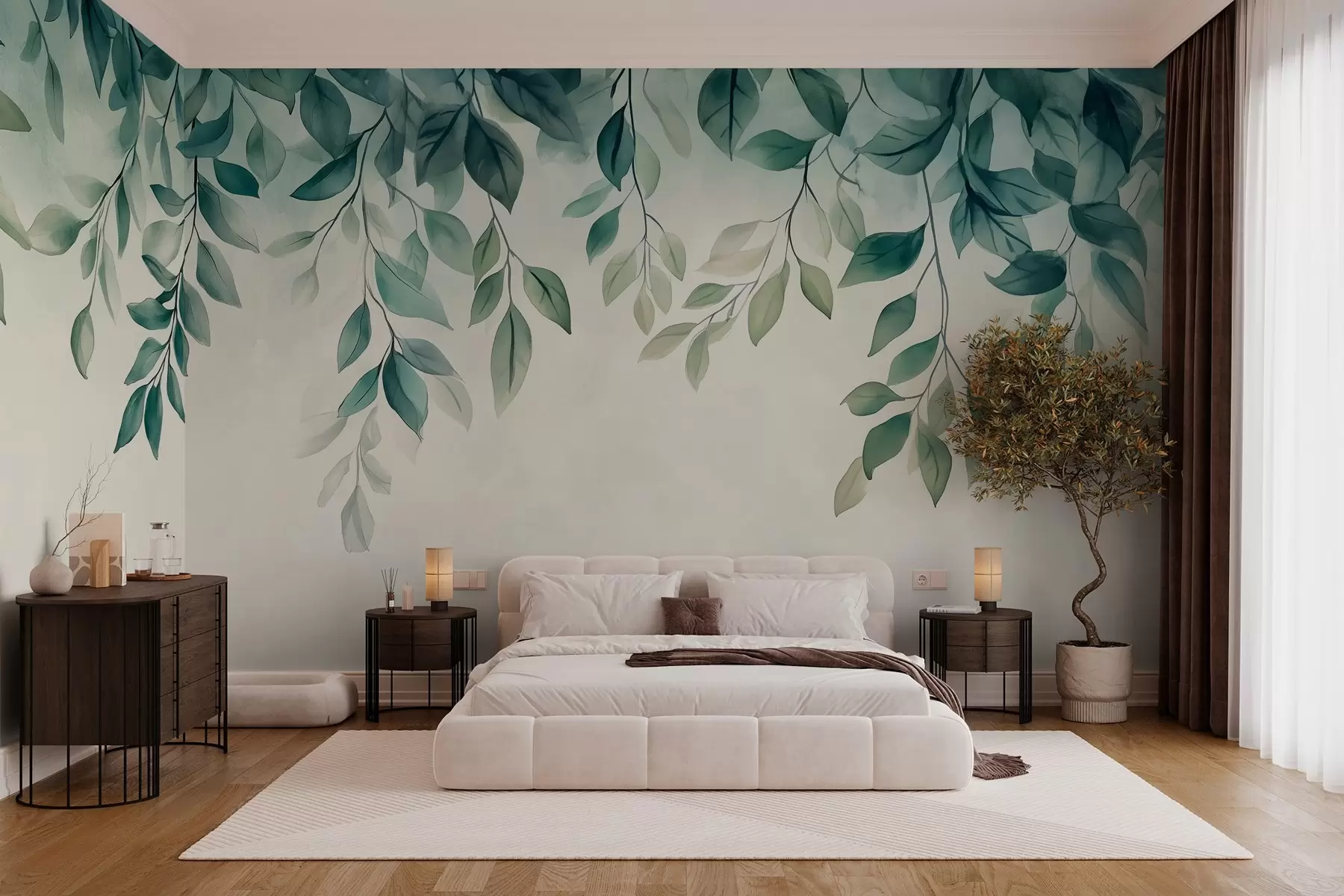 Wall Mural Photo Wallpaper green watercolor-style leaves hanging from the top w03024