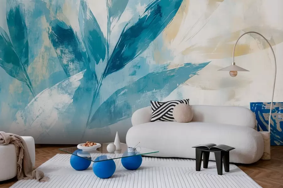murales hojas azules en estilo de trazos abstractos w03109