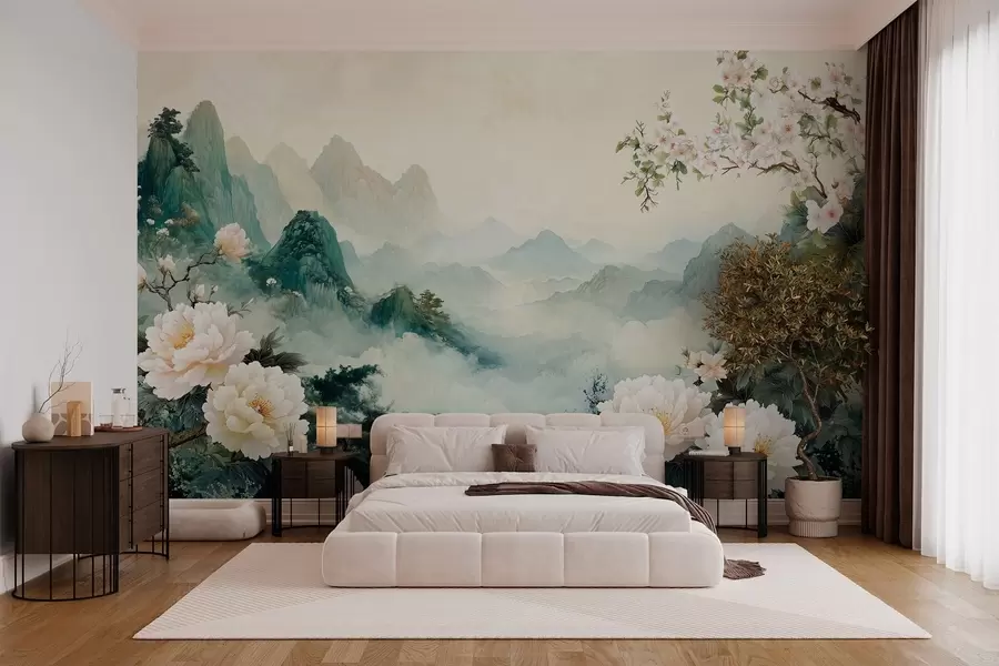 murales paisaje con flores y colinas en estilo oriental w03111