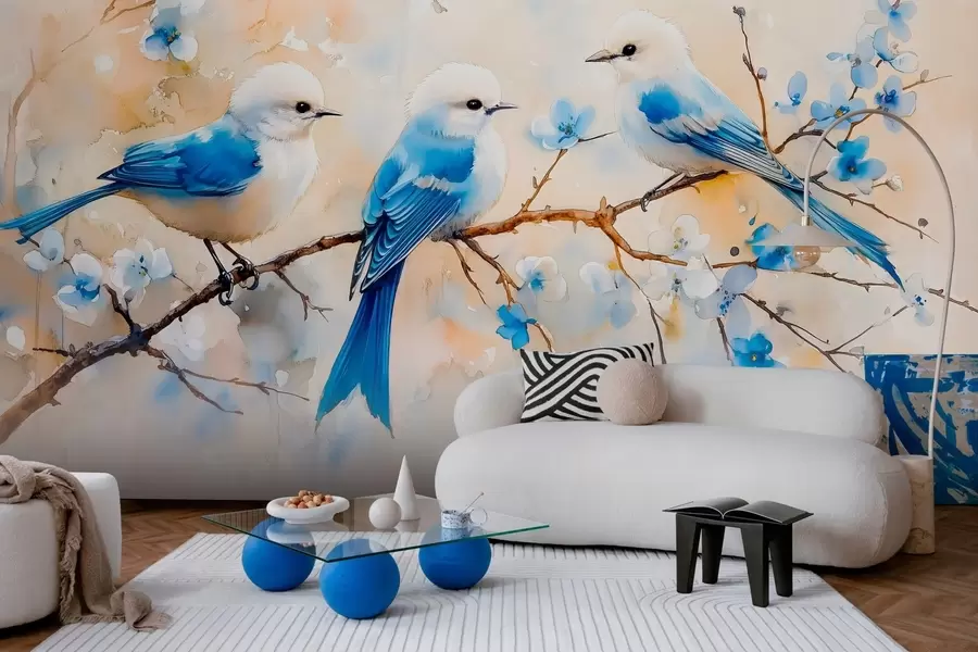 murales pájaros cantores de primavera en una rama de árbol en estilo acuarela w03112