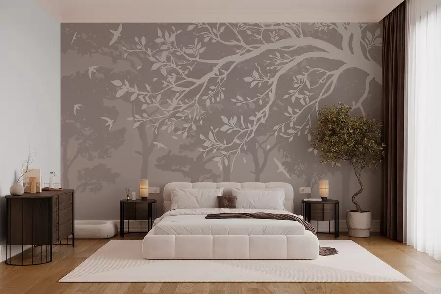 murales silueta de una rama de árbol cremosa con pájaros, sobre el fondo del bosque w03116