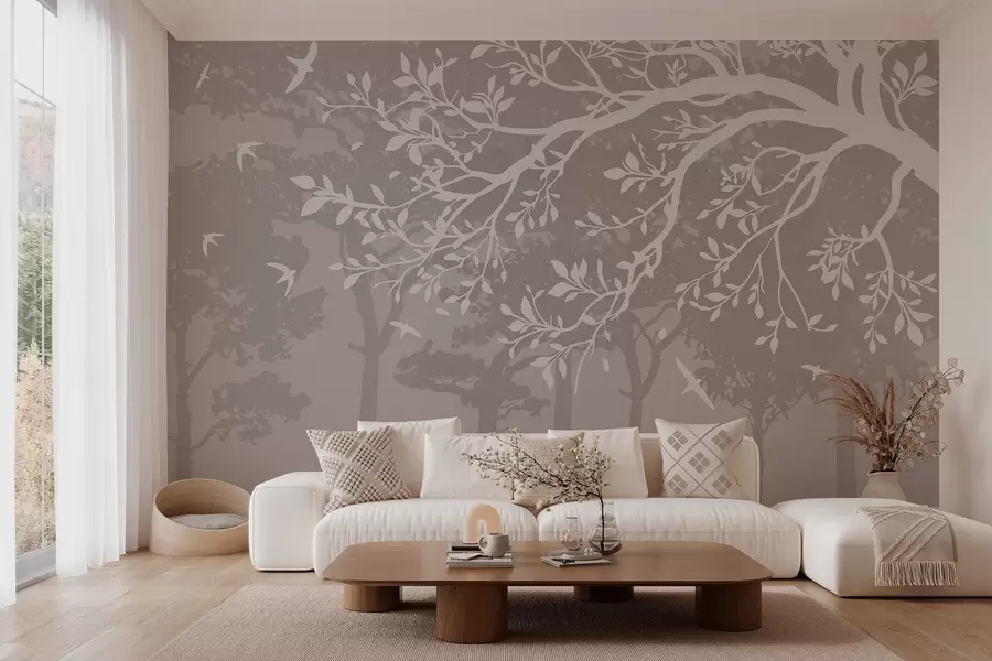 Wall Mural Photo Wallpaper silhouette of a creamy tree branch with birds, on the background of the forest w03116