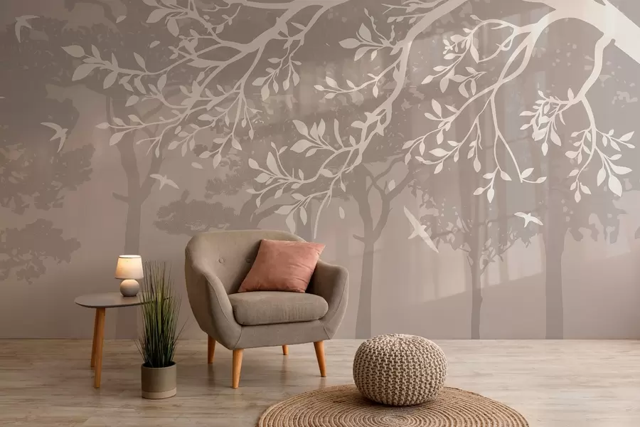 murales silueta de una rama de árbol cremosa con pájaros, sobre el fondo del bosque w03116