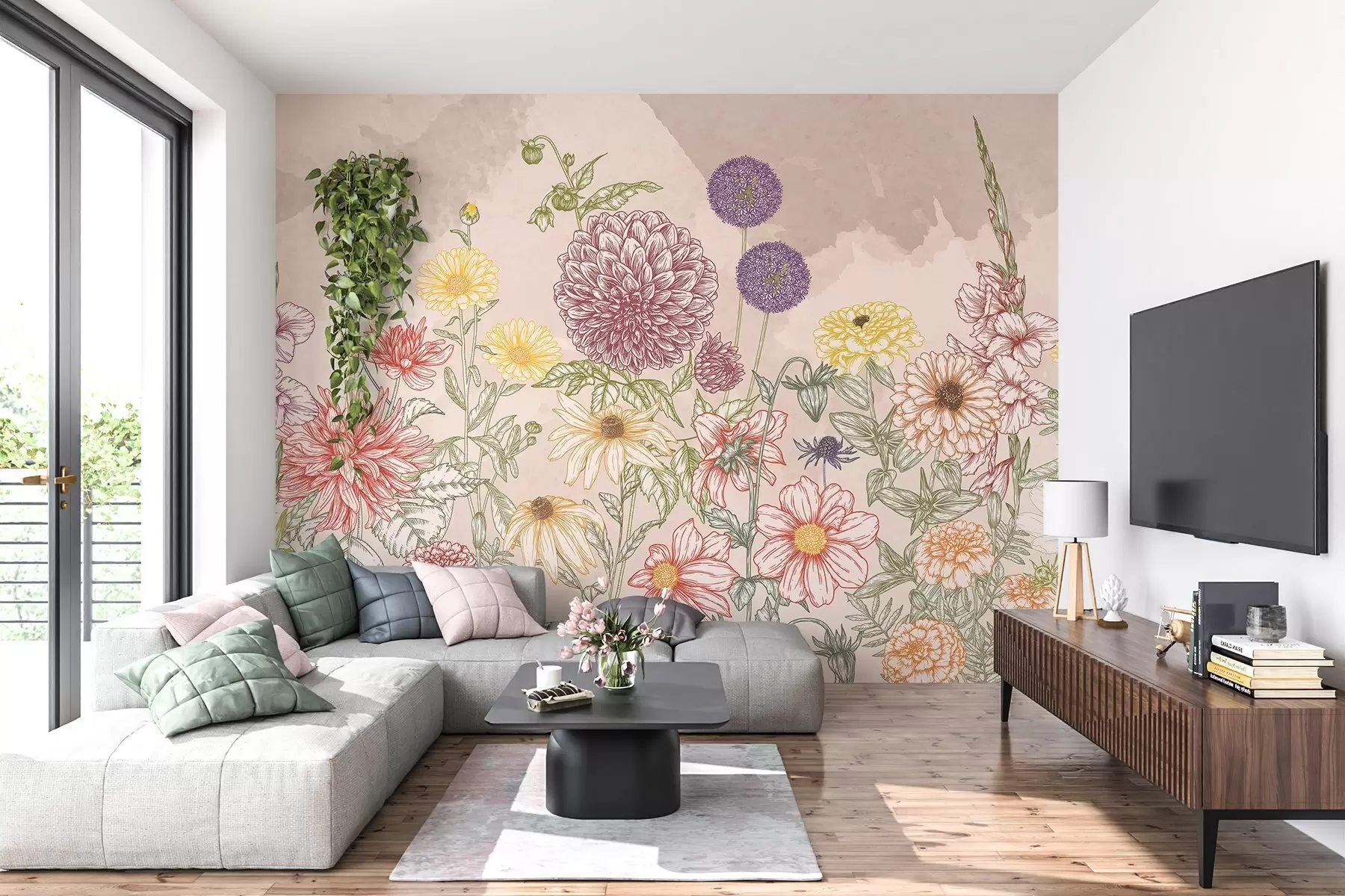peintures murales Illustration botanique romantique avec des fleurs sauvages dans des tons pastel w03158
