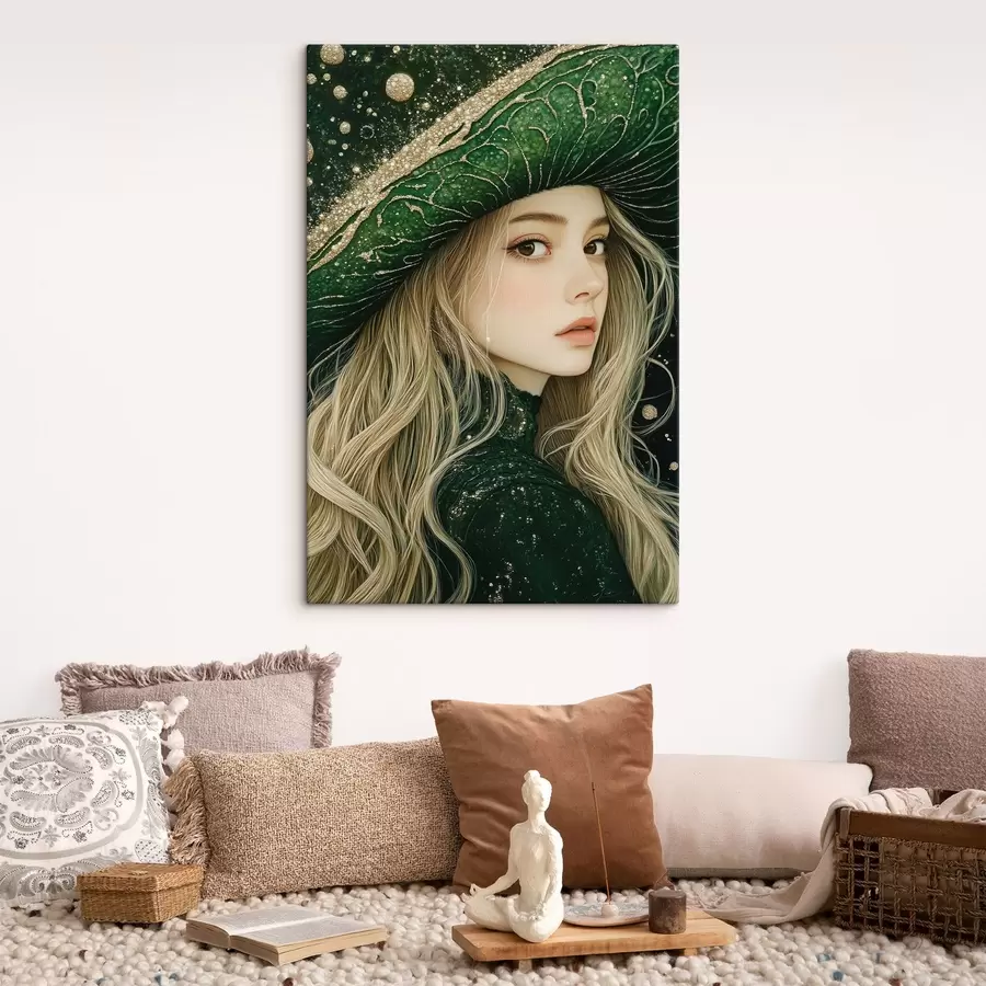 wall murals Portrait of a girl in a green hat s42982