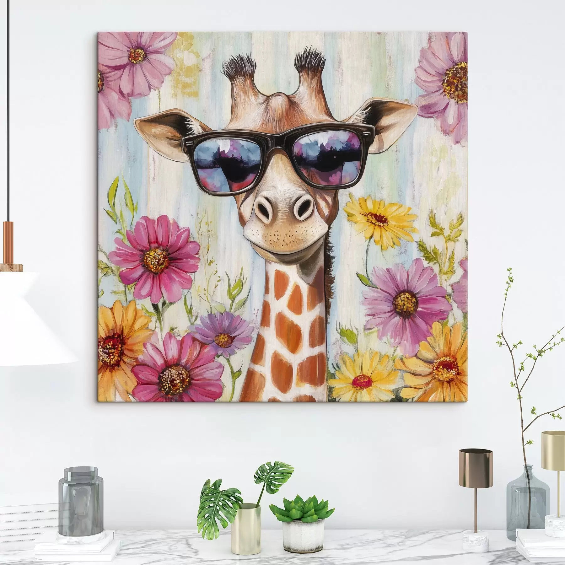 wall murals Giraffe with glasses near flowers s42991