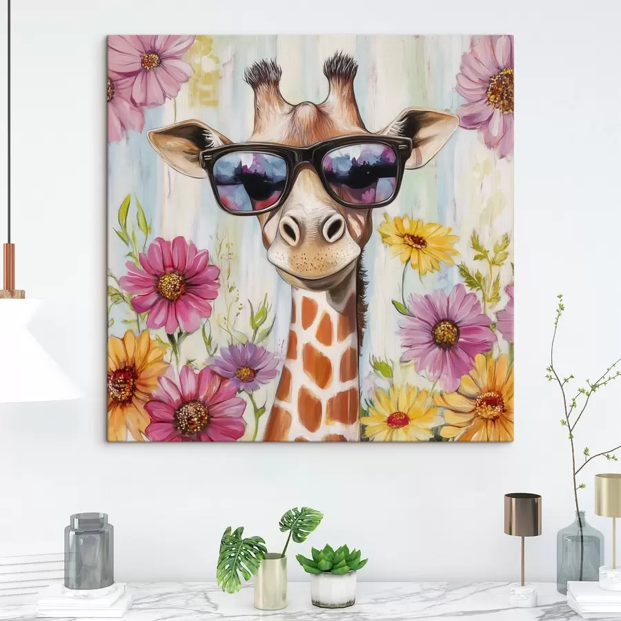 murales Jirafa con gafas cerca de flores s42991