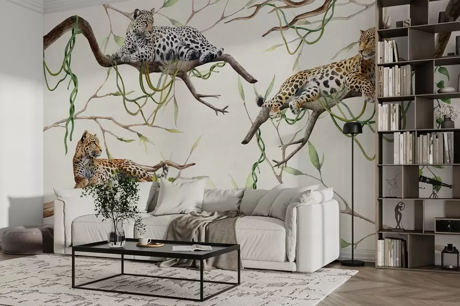 Wall Mural Photo Wallpaper Leopards on the jungle trees, lianas, tropical, wild animals, natural color pallete w03146