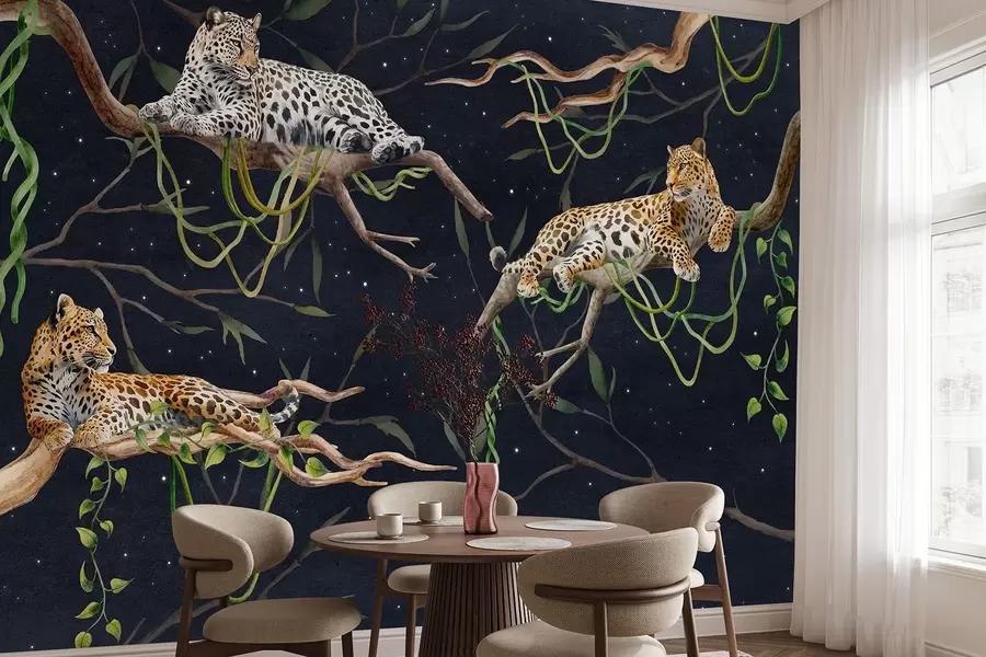Wall Mural Photo Wallpaper Leopards on the jungle trees, lianas, tropical, wild animals, night sky with stars w03148