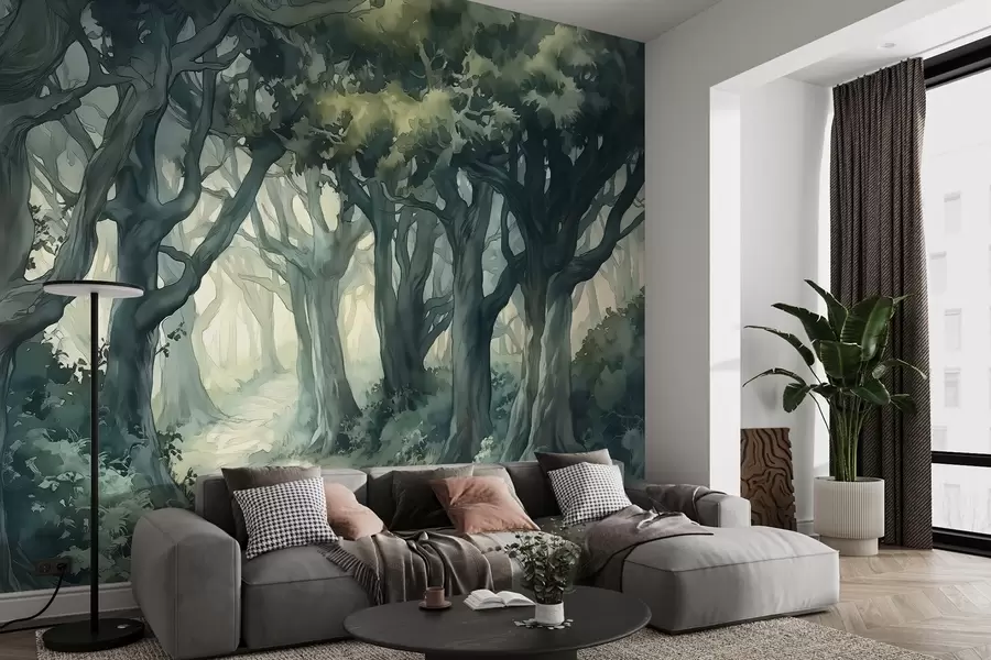 Wall Mural Photo Wallpaper Forest with big trees, green color spallete, watercolor style drawing w03150