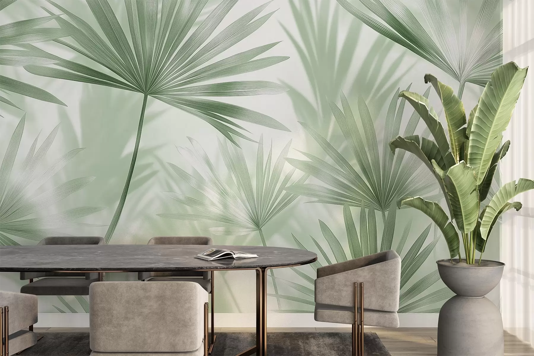 Wall Mural Photo Wallpaper Palm leaves, floral pattern, minimalism, tropical, green colors w03152v2