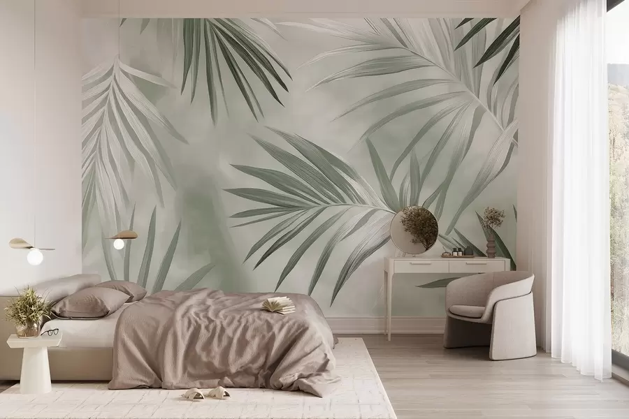 murales Abstracción de hojas tropicales, palmera, paleta de colores verdes w03153v2