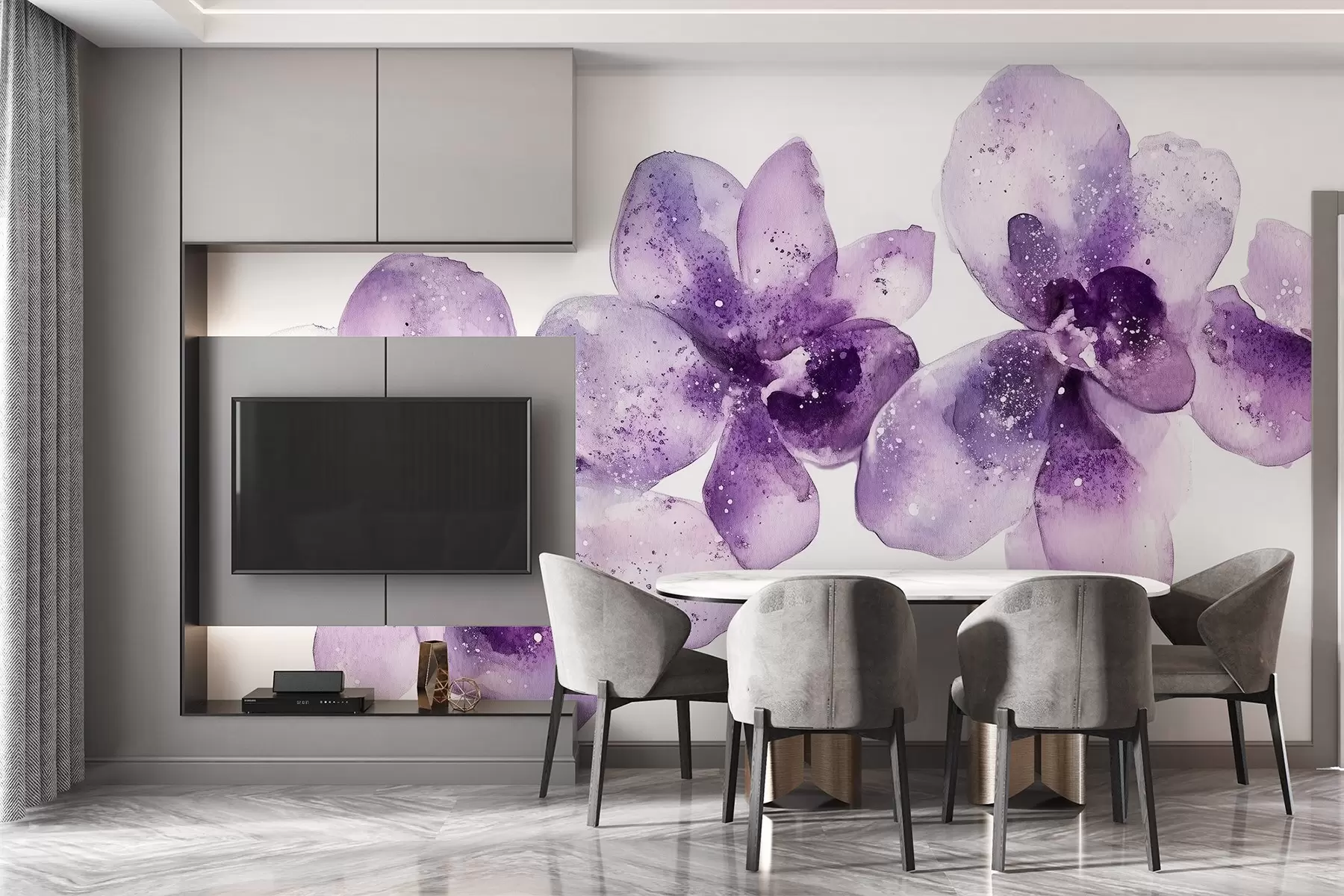 murais de parede Flores de orquídea em estilo aguarela, cores púrpura w03163