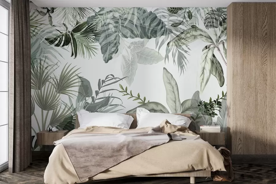 Wall Mural Photo Wallpaper Transparent tropical leaves in green shades on a white background w08822