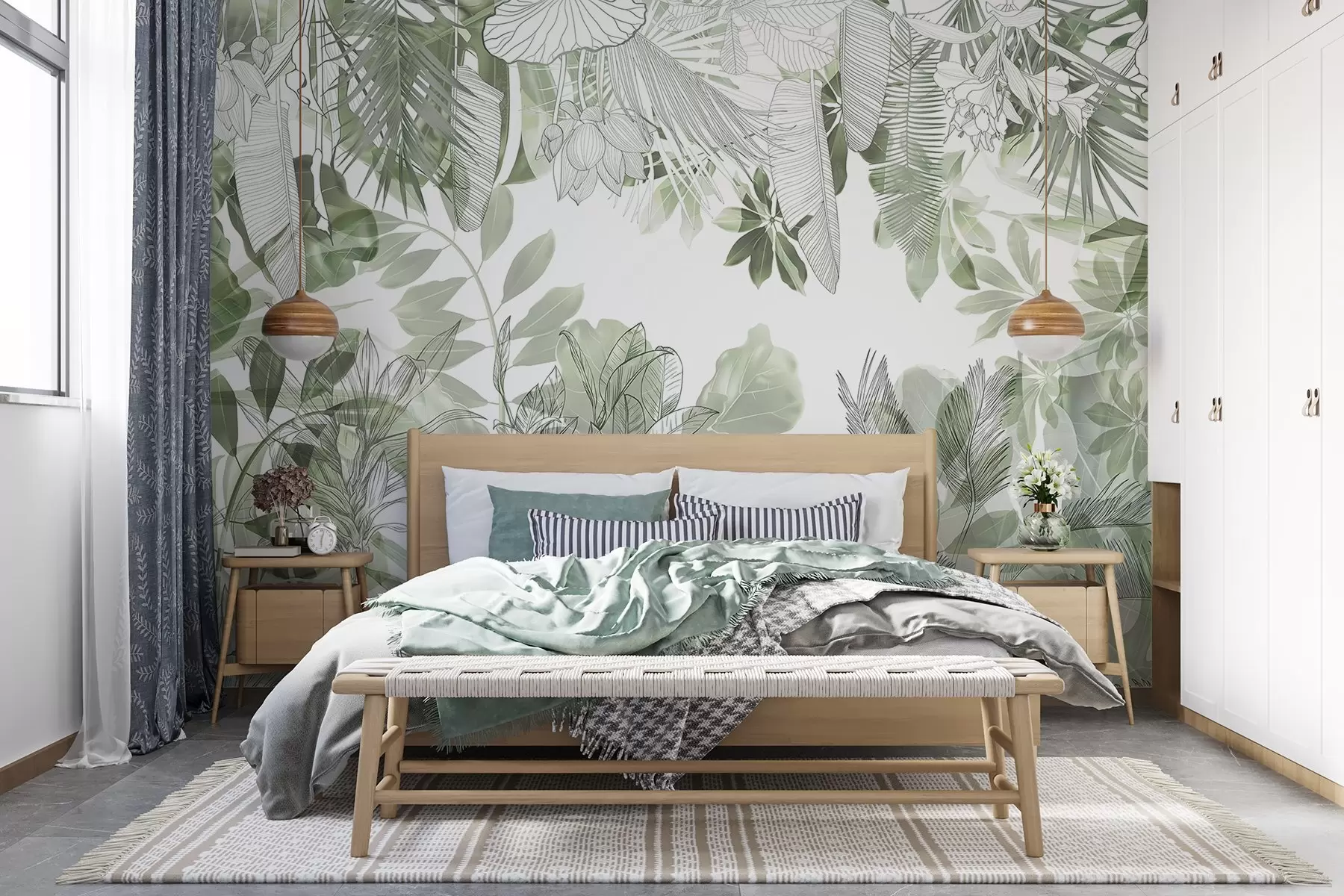 murais de parede Plantas e folhas tropicais impressas na selva verde sobre um fundo branco w08823