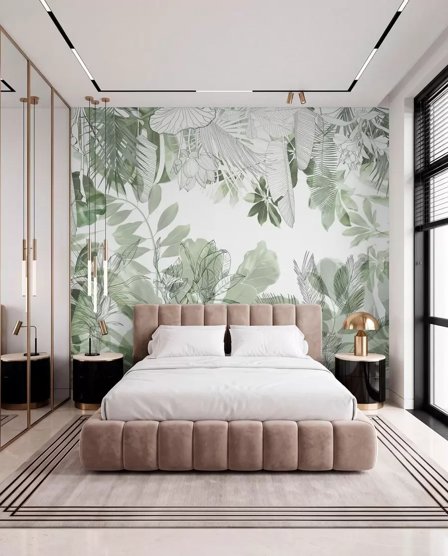 wall murals Green jungle print tropical plants and leaves on a white background w08823