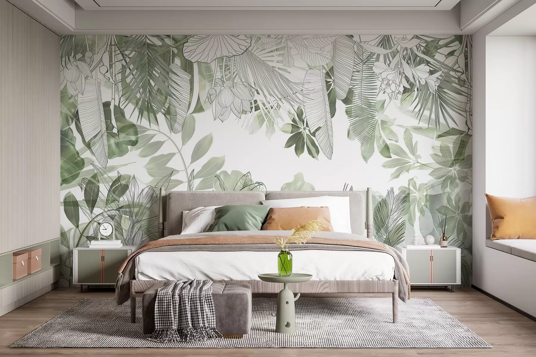 murales Plantas y hojas tropicales con estampado de jungla verde sobre fondo blanco w08823