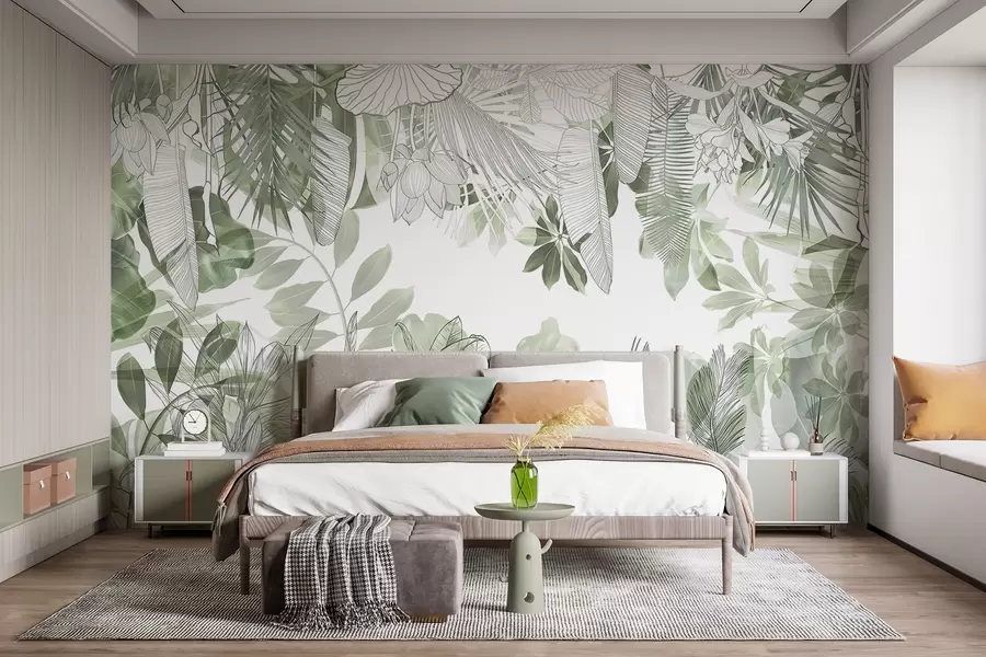 Wall Mural Photo Wallpaper Green jungle print tropical plants and leaves on a white background w08823