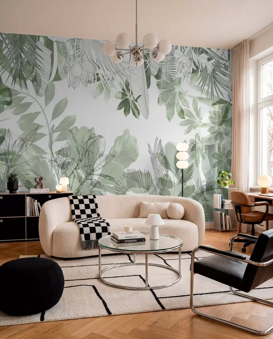 Wall Mural Photo Wallpaper Green jungle print tropical plants and leaves on a white background w08823