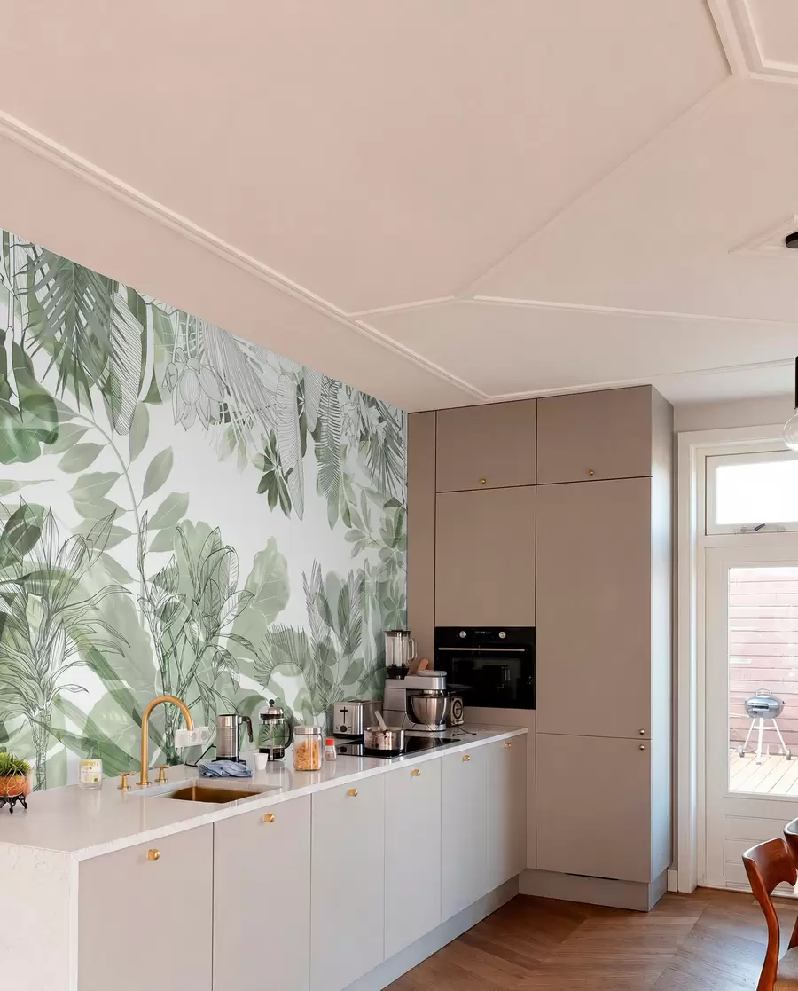 peintures murales Imprimé de la jungle verte, plantes et feuilles tropicales sur fond blanc w08823