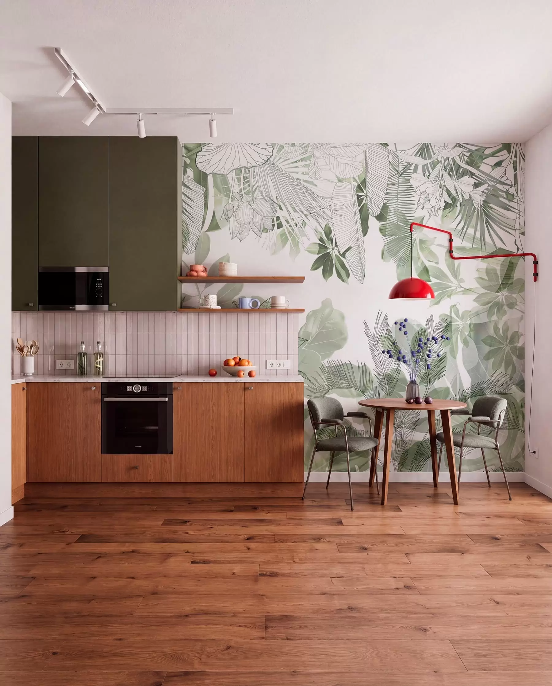 murales Plantas y hojas tropicales con estampado de jungla verde sobre fondo blanco w08823
