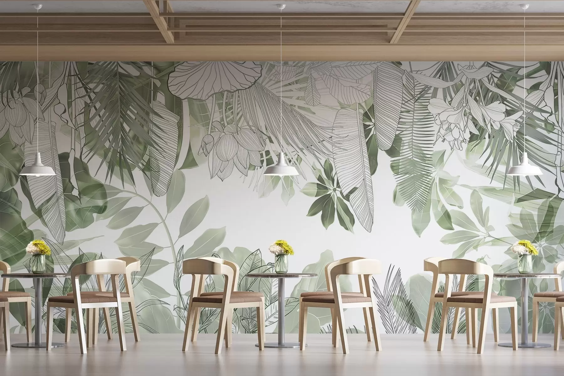 murales Plantas y hojas tropicales con estampado de jungla verde sobre fondo blanco w08823