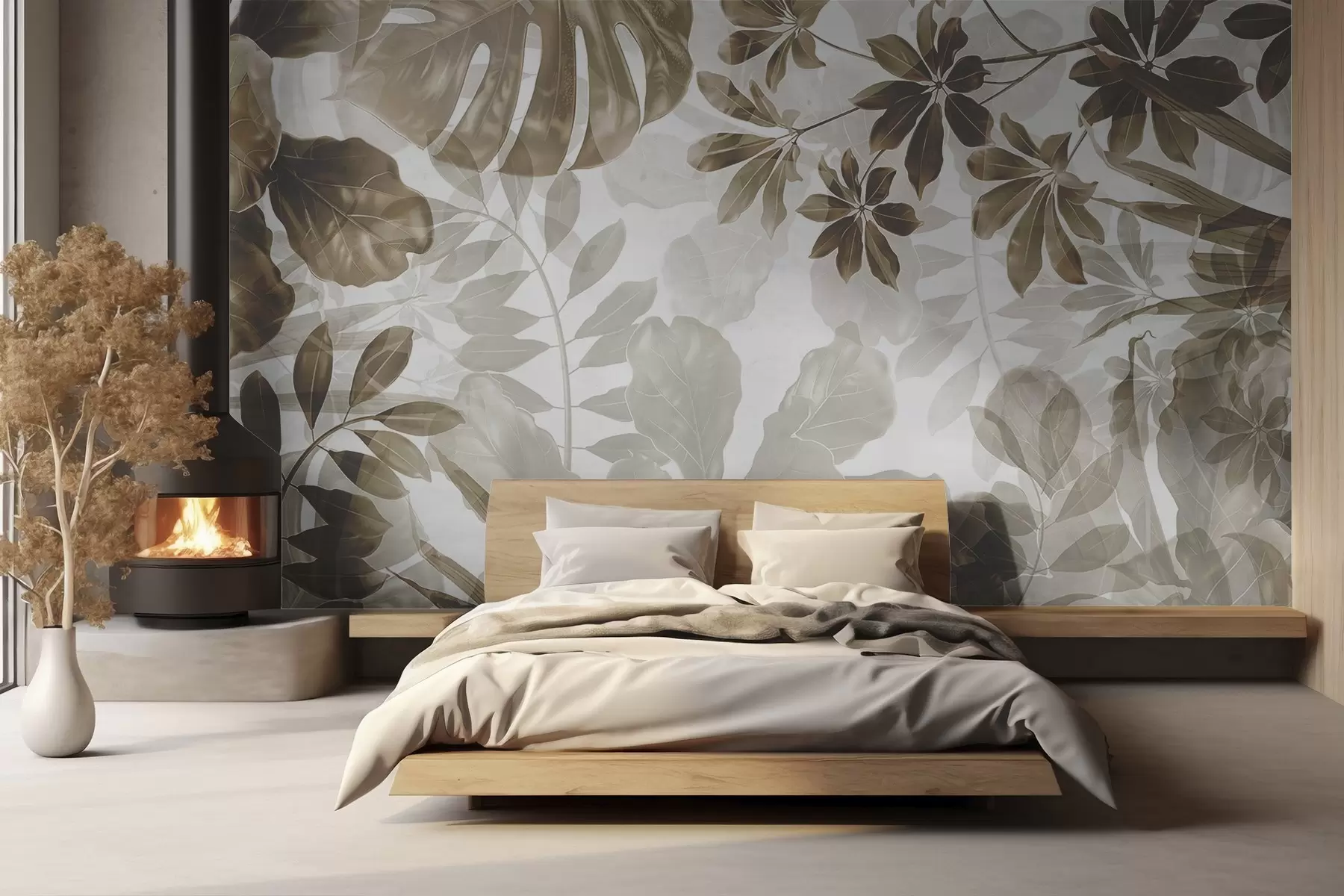 peintures murales Feuilles délicates de couleur beige tropical sur fond blanc w08824