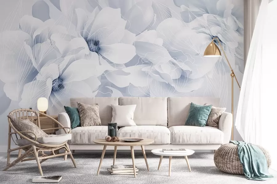 murais de parede Flores de peónia em tons pastel com pétalas delicadas brancas e azuis e linhas brancas sobre um fundo azul claro w08826