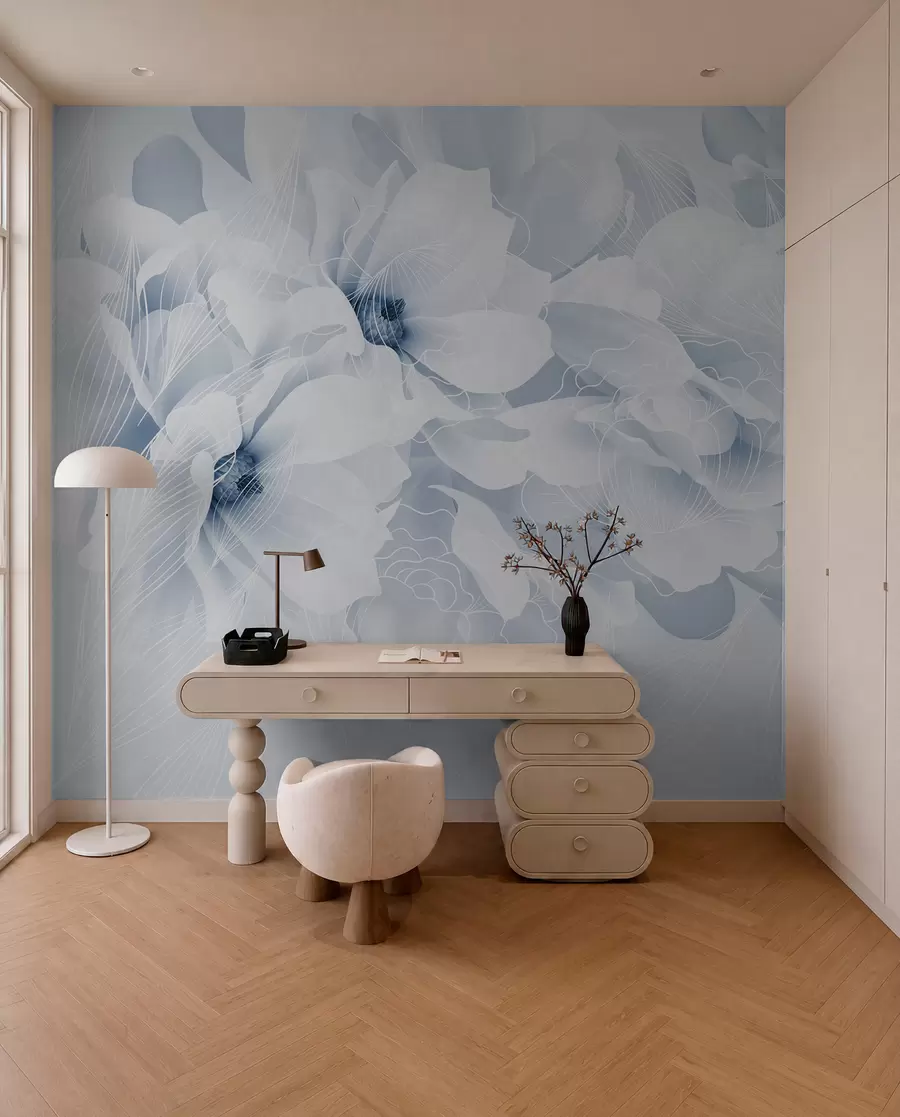 murales Flores de peonía en tonos pastel con delicados pétalos blancos y azules y líneas blancas sobre fondo azul claro w08826