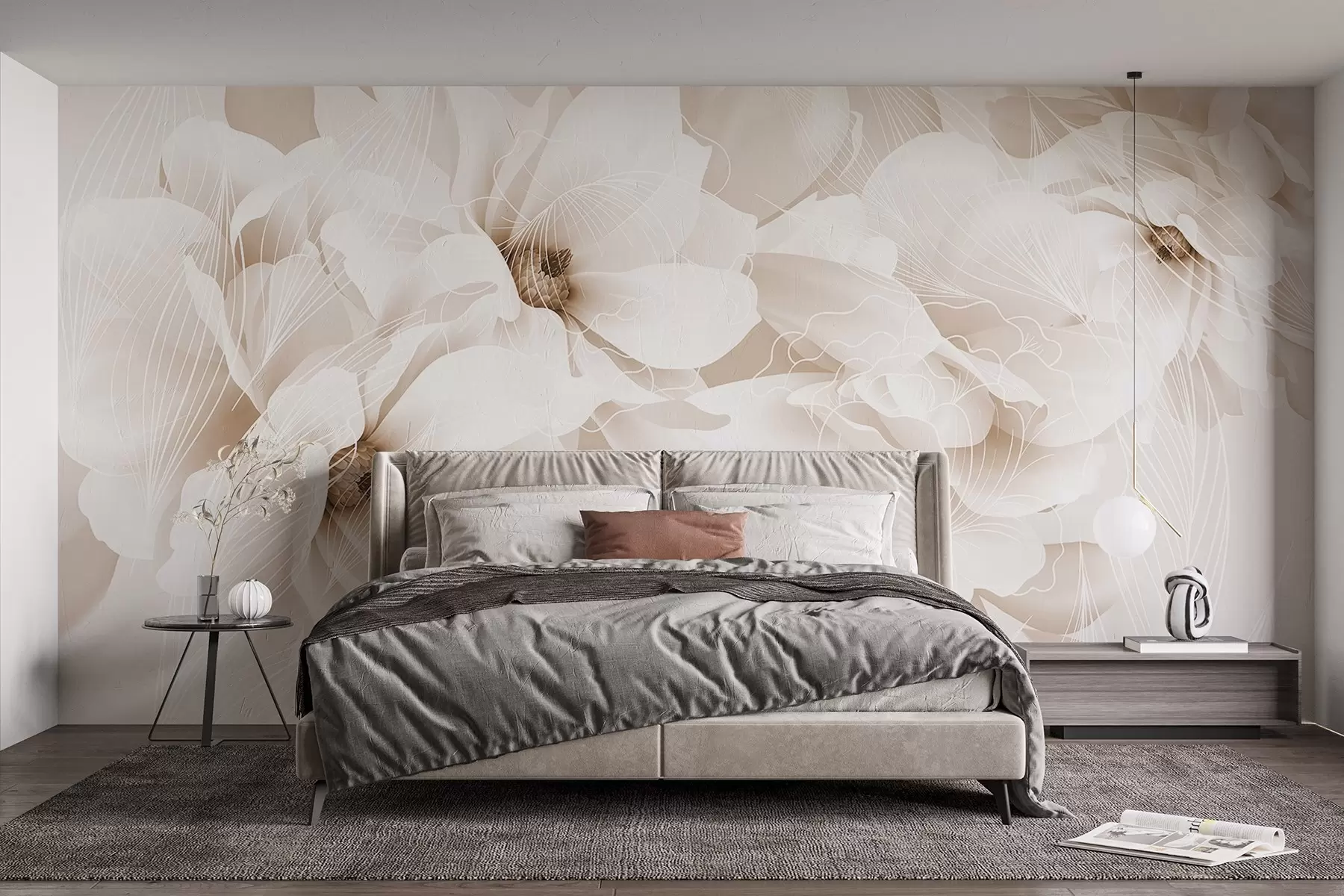 peintures murales Fleurs de pivoine pastel avec des pétales délicats blancs et beiges et des lignes blanches sur un fond beige clair w08826v1