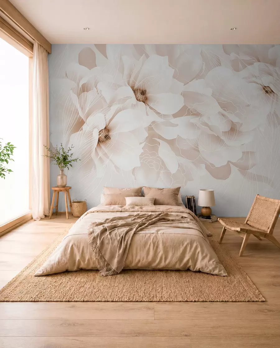 wall murals Pastel peony flowers with white and beige delicate petals and white lines on a light beige background w08826v1