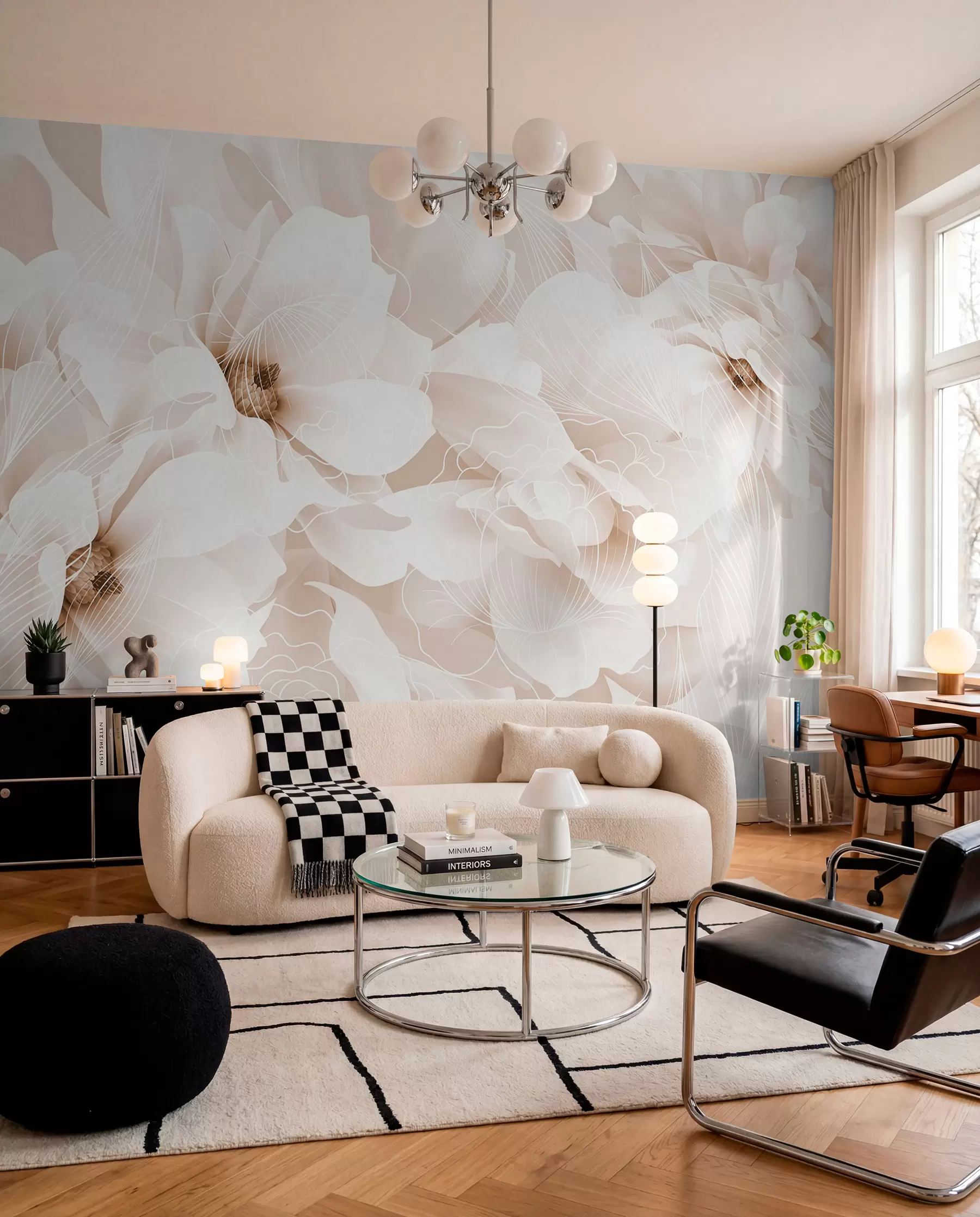 wall murals Pastel peony flowers with white and beige delicate petals and white lines on a light beige background w08826v1
