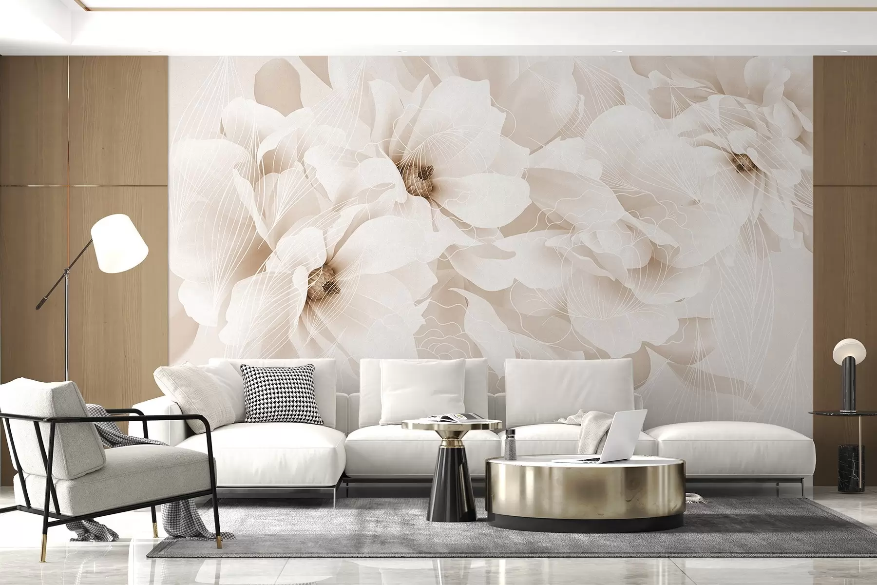 murales Flores de peonía en tonos pastel con delicados pétalos blancos y beige y líneas blancas sobre fondo beige claro w08826v1