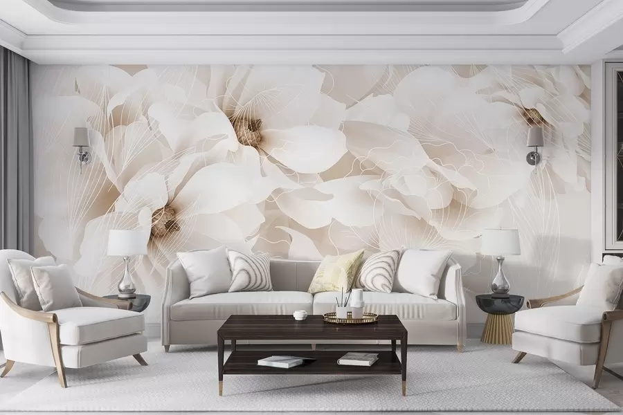 Wall Mural Photo Wallpaper Pastel peony flowers with white and beige delicate petals and white lines on a light beige background w08826v1