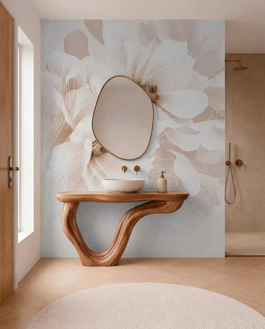 wall murals Pastel peony flowers with white and beige delicate petals and white lines on a light beige background w08826v1