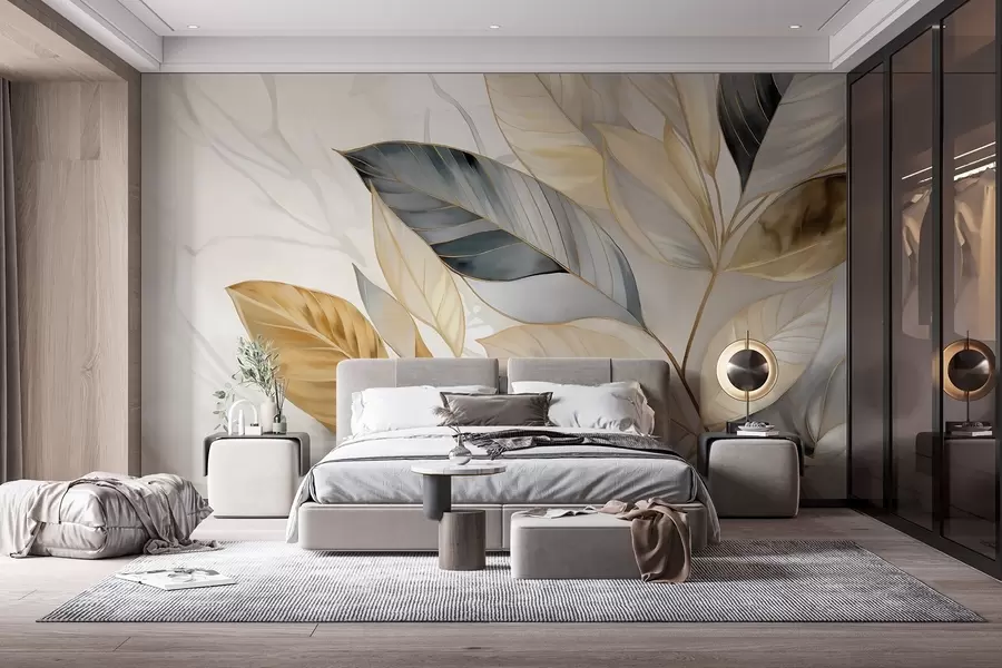 murais de parede Folhas grandes delicadas amarelas, cinzentas e brancas sobre um fundo branco com textura abstrata w08828