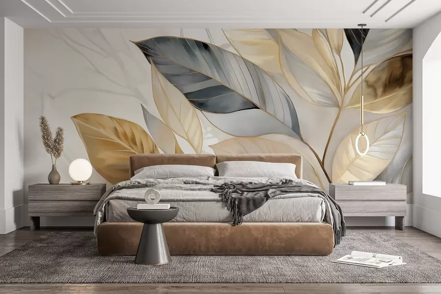 murales Amarillas, grises y blancas delicadas hojas grandes sobre un fondo blanco abstracto con textura w08828