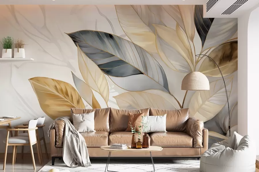 murales Amarillas, grises y blancas delicadas hojas grandes sobre un fondo blanco abstracto con textura w08828