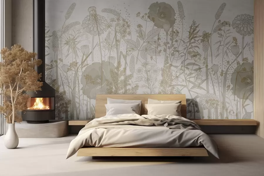 Wall Mural Photo Wallpaper A field of tall flowers and grass in light beige pastel tones on a white background w08829v1