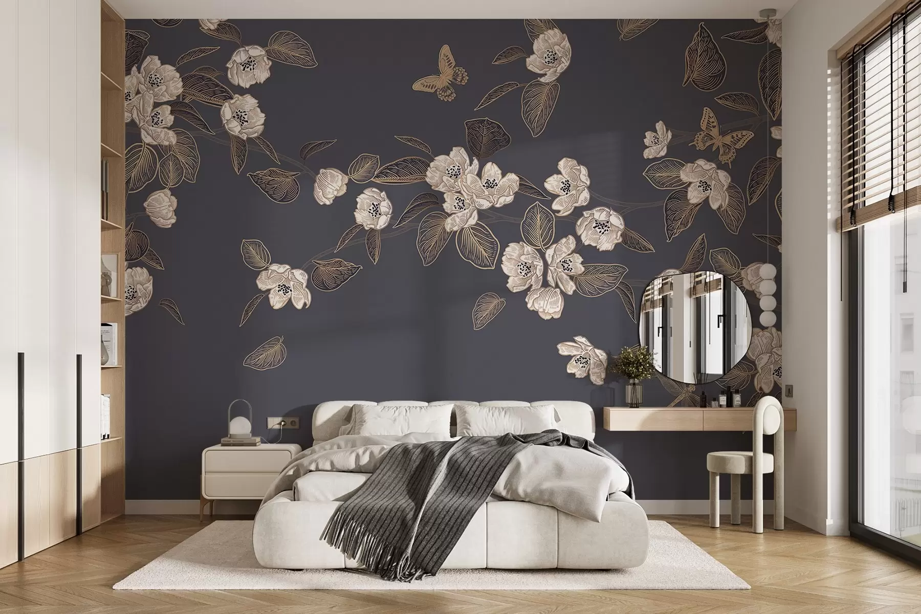 wall murals Cherry tree blossom branch with flowers, leaves, butterflies  on a dark gray background w08830
