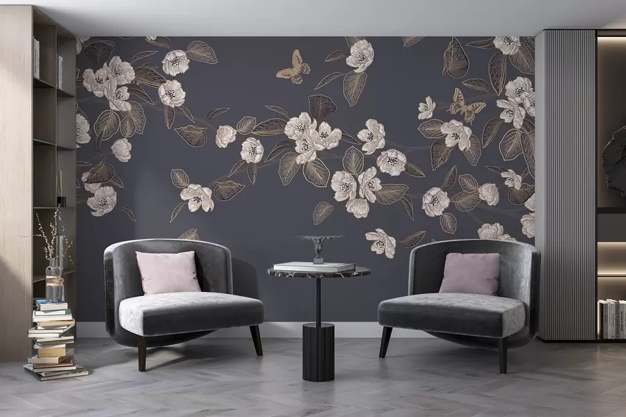 murales Flor de cerezo rama con flores, hojas, mariposas sobre un fondo gris oscuro w08830